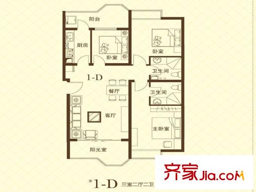 中環(huán)壹號一期3#樓標(biāo)準(zhǔn)層1D戶型 3室1廳2衛(wèi)1廚
