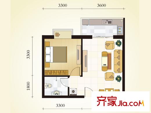 學(xué)府逸居A03戶型 1室1廳1衛(wèi)1廚