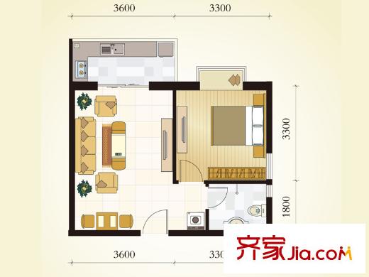 學(xué)府逸居A04戶型 1室1廳1衛(wèi)1廚