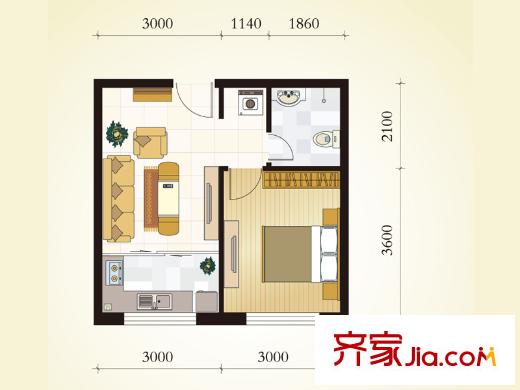 學(xué)府逸居A07戶型 1室1廳1衛(wèi)1廚