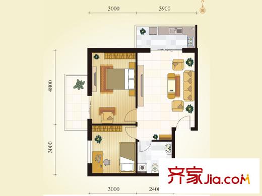 學(xué)府逸居A13戶型 2室1廳1衛(wèi)1廚