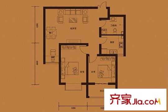 悅?cè)R山D'戶型 2室2廳1衛(wèi)1廚