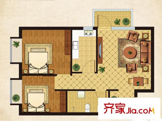丁香園A戶型 2室2廳1衛(wèi)1廚