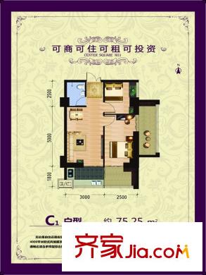 富平方米一號(hào)正C1戶型圖 2室2廳1衛(wèi)
