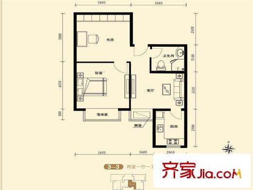 府東美奧花苑3-4戶型 2室1廳1衛(wèi)1廚