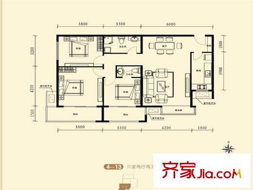 府東美奧花苑4-13戶(hù)型 3室2廳2衛(wèi)1廚