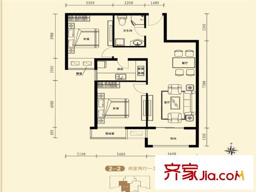 府東美奧花苑2-2戶(hù)型 2室2廳1衛(wèi)1廚