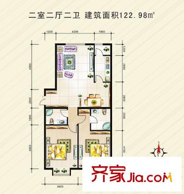 青城國際公寓1期1#B戶型 2室2廳2衛(wèi)1廚