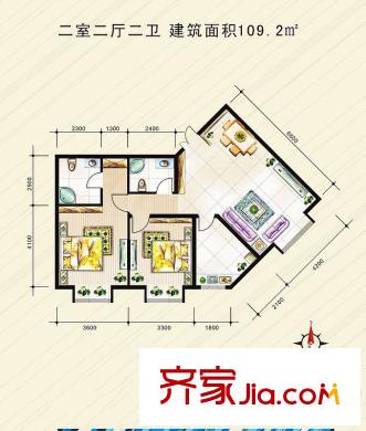 青城國際公寓1期1#C戶型 2室2廳2衛(wèi)1廚