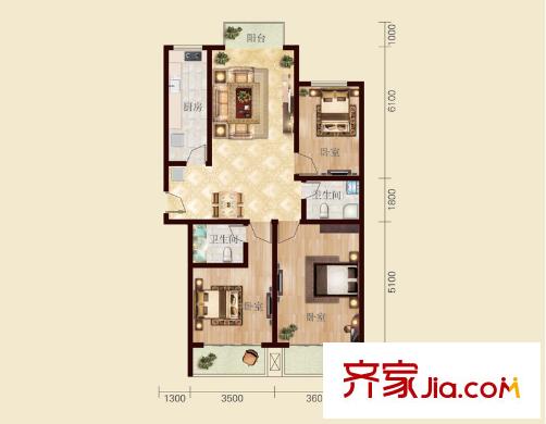 東方錦繡城1#樓D1戶型 3室2廳1衛(wèi)1廚