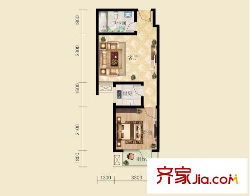 東方錦繡城1#樓E戶型 1室1廳1衛(wèi)1廚