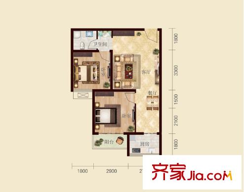 東方錦繡城1#樓B2戶型 2室2廳1衛(wèi)1廚