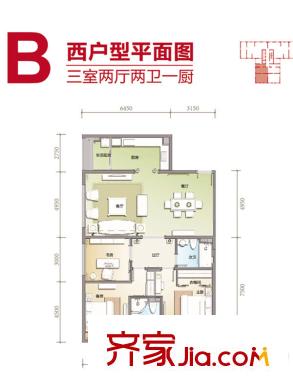 太原茂業(yè)天地B戶型 3室2廳2衛(wèi)1廚