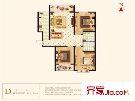 港麗城6#D戶型 3室2廳2衛(wèi)