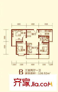 康寧美郡二期2期1#樓B戶型 3室2廳1衛(wèi)1廚