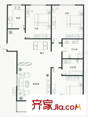 匯豐國際B戶型戶型圖 3室2廳2衛(wèi)1廚