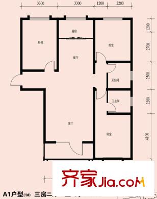 龍城金帝園一期A1戶型 3室2廳2衛(wèi)