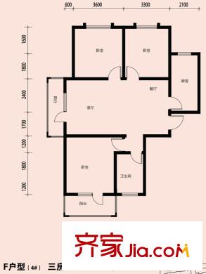 龍城金帝園一期F戶型 3室2廳1衛(wèi)