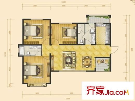 花溪谷D1戶型 3室2廳2衛(wèi)1廚