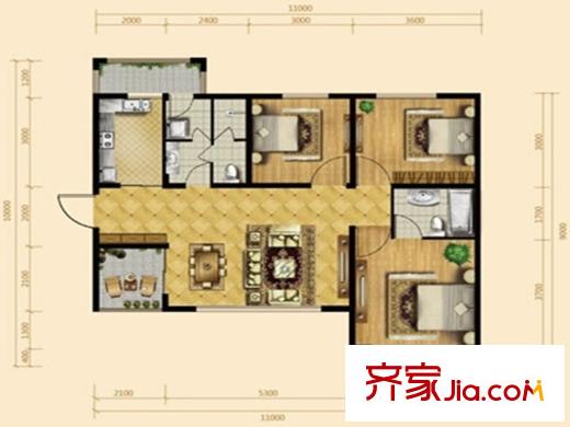花溪谷D2戶型 3室2廳2衛(wèi)1廚