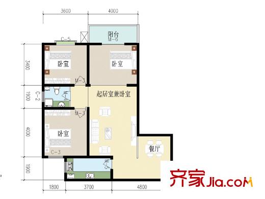 匯通麗城戶型圖A1戶型 3室2廳1衛(wèi)1廚