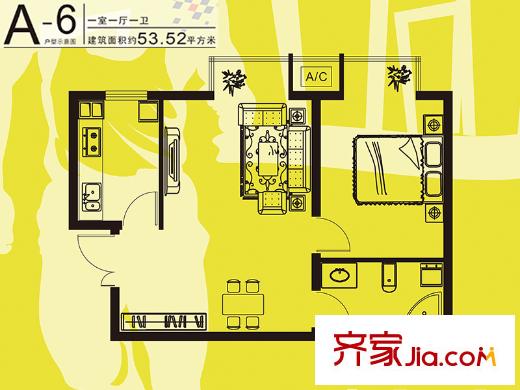 城南秀色戶型圖二期A-6戶型 1室1廳1衛(wèi)1廚