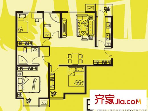 城南秀色戶型圖二期B-1戶型 3室2廳2衛(wèi)1廚