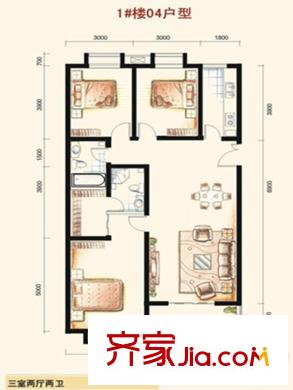都市廣場(chǎng)1#04戶型 3室2廳2衛(wèi)1廚