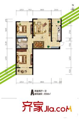 鼎泰悅郡A戶型 2室2廳1衛(wèi)1廚