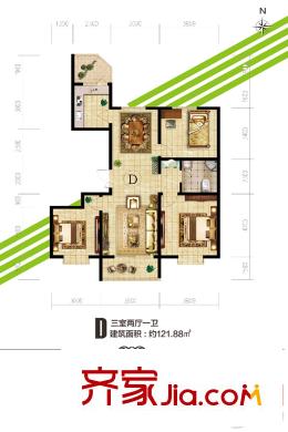 鼎泰悅郡D戶型 3室2廳1衛(wèi)1廚