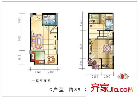 萬(wàn)豪幸福匯戶型圖一層二層C戶型圖 2室2廳2衛(wèi)1廚