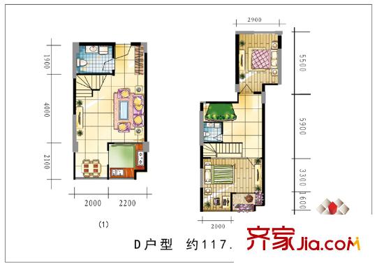 萬(wàn)豪幸福匯戶型圖一層二層D戶型圖 2室2廳2衛(wèi)1廚