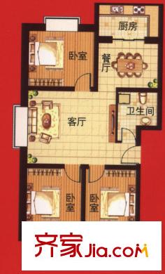 紫荊假日戶型圖6#樓A戶型 3室2廳1衛(wèi)1廚