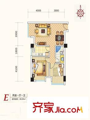 金東中環(huán)城戶型圖4#（中環(huán)紅）E戶型 2室1廳1衛(wèi)1廚