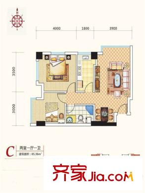 金東中環(huán)城戶型圖4#（中環(huán)紅）C戶型 2室1廳1衛(wèi)1廚