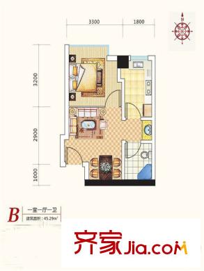 金東中環(huán)城戶型圖4#（中環(huán)紅）B戶型 1室1廳1衛(wèi)1廚