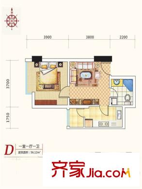 金東中環(huán)城戶型圖4#（中環(huán)紅）D戶型 1室1廳1衛(wèi)1廚