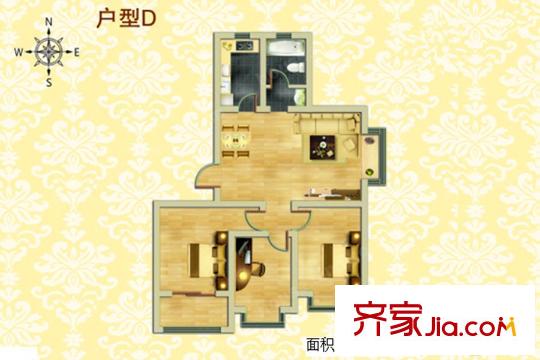 望海源鳳凰城1-10號樓標(biāo)準(zhǔn)層D戶型圖 2室1廳1衛(wèi)1廚