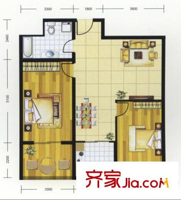 貴通潤園戶型圖b-D戶型 2室2廳1衛(wèi)1廚