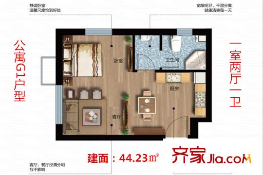 金石?東方至尊公寓5#44.23平米G1戶型 1室2廳1衛(wèi)1廚