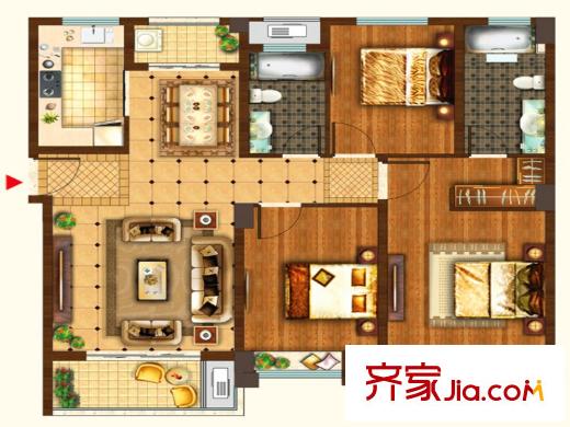 膠州寶龍城市廣場(chǎng)二期9#B3戶型 3室2廳2衛(wèi)1廚