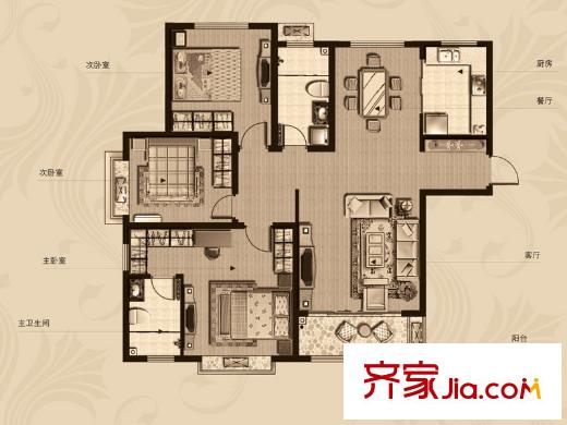 海信鳳凰金岸陽光里1-4號(hào)樓E戶型 3室2廳2衛(wèi)1廚