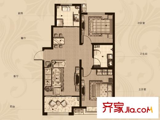 海信鳳凰金岸陽光里1-4號樓C戶型 2室2廳1衛(wèi)1廚