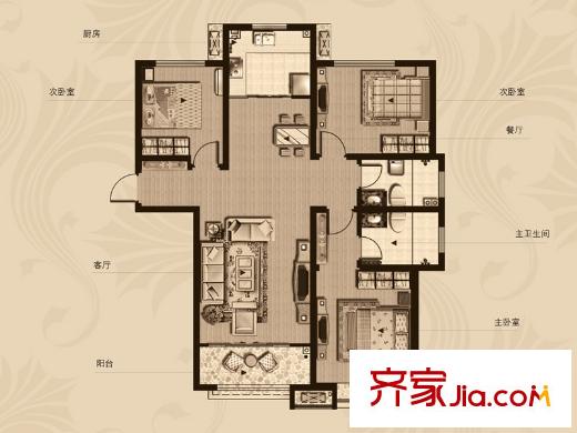 海信鳳凰金岸陽光里1-4號(hào)樓D戶型 3室2廳2衛(wèi)1廚