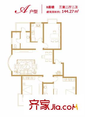 香悅瀾溪戶型圖B-A 3室2廳2衛(wèi)1廚