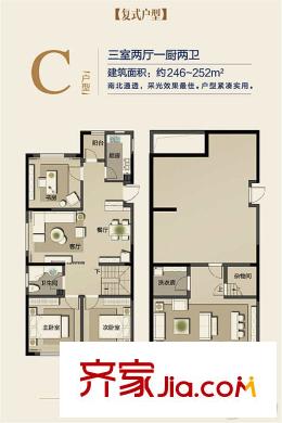 紅豆杉養(yǎng)生谷復(fù)式C戶型圖 3室2廳2衛(wèi)1廚