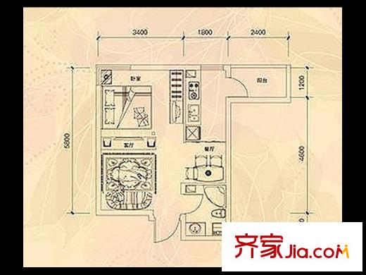 金林佳園戶型圖2期E戶型 1室2廳1衛(wèi)1廚
