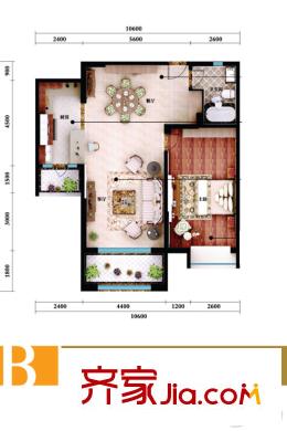 澤潤世家公館1號樓標準層B戶型 1室2廳1衛(wèi)1廚
