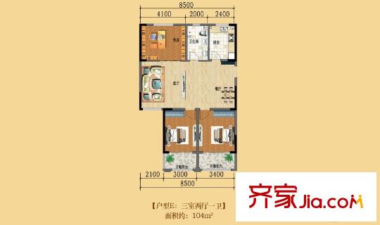 藍海灣?卡地亞E戶型 3室2廳1衛(wèi)1廚