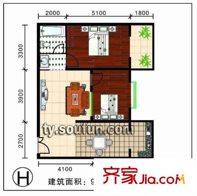天和學(xué)府苑戶型圖H戶型 2室2廳1衛(wèi)